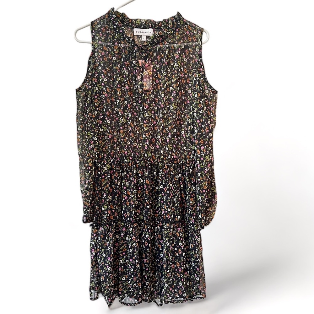 Sugarhigh Juniors Small Tiered Sheer Ditsy Floral Black Mini Dress Boho Prairie